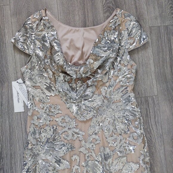 Calvin Klein Dresses & Skirts - NWT Calvin Klein Fully Sequined Cap Sleeve Dress with Cowl/Draped Back and Train
